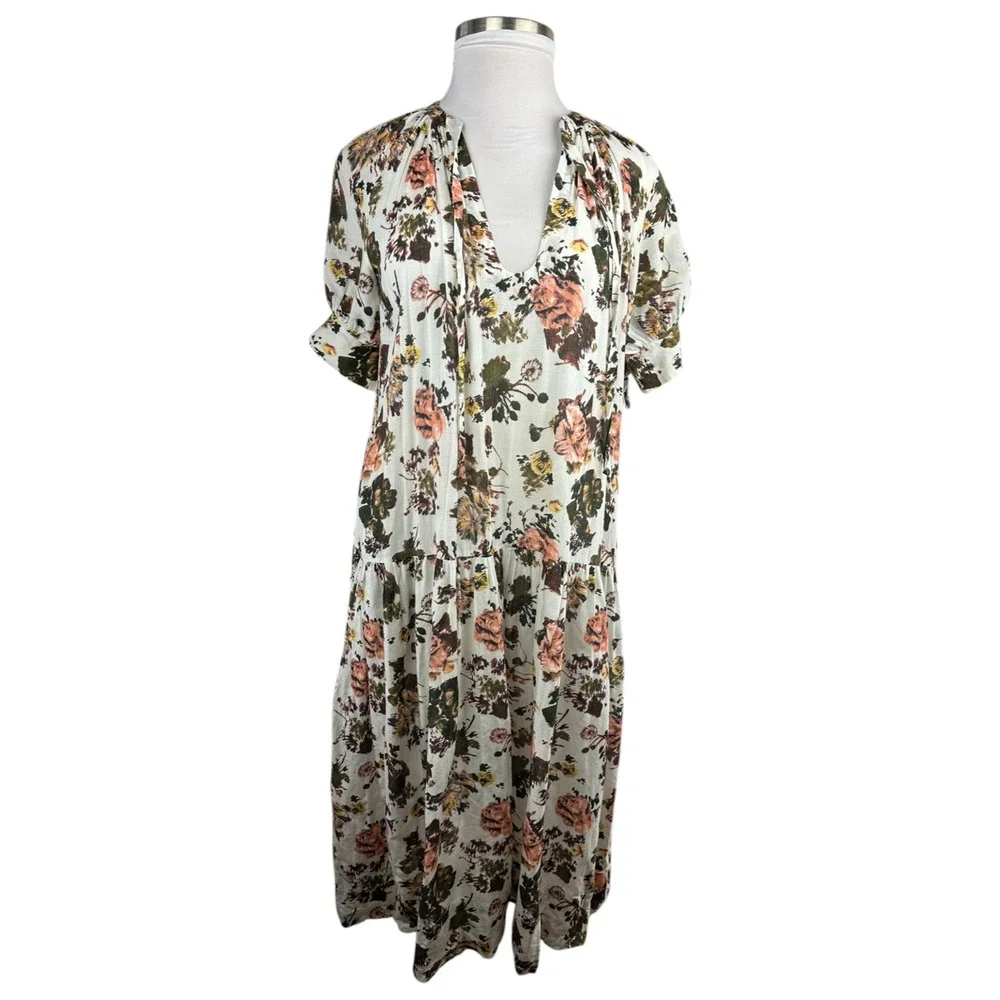 *Flawed Ulla Johnson Selena Cover Up Maxi Dress Small S Floral Tie Neck NO BELT - Picture 2 of 16